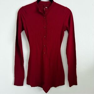 Skims Soft Lounge Button-Up Henley Onesie in Brick size XXS